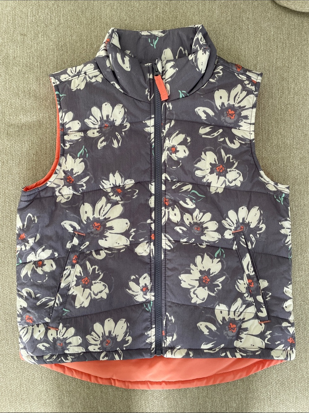 7yrs Carter's Floral gray/blue Quilted Vest with Coral Lining